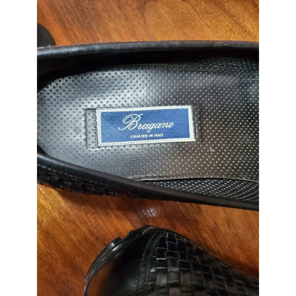 Bragano Italy Mens Size 12 Black Woven Leather Dress Shoes Slip On Loafers